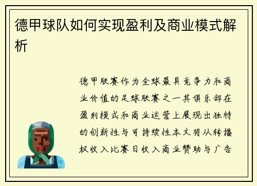 德甲球队如何实现盈利及商业模式解析