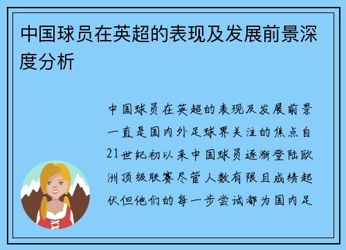 中国球员在英超的表现及发展前景深度分析