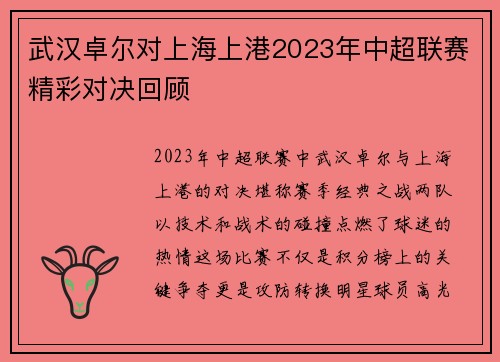 武汉卓尔对上海上港2023年中超联赛精彩对决回顾